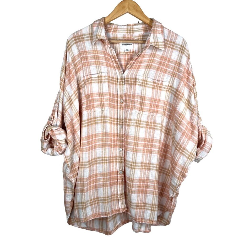 American Eagle Oversized Linen blend Boyfriend shirt pink plaid sz S
